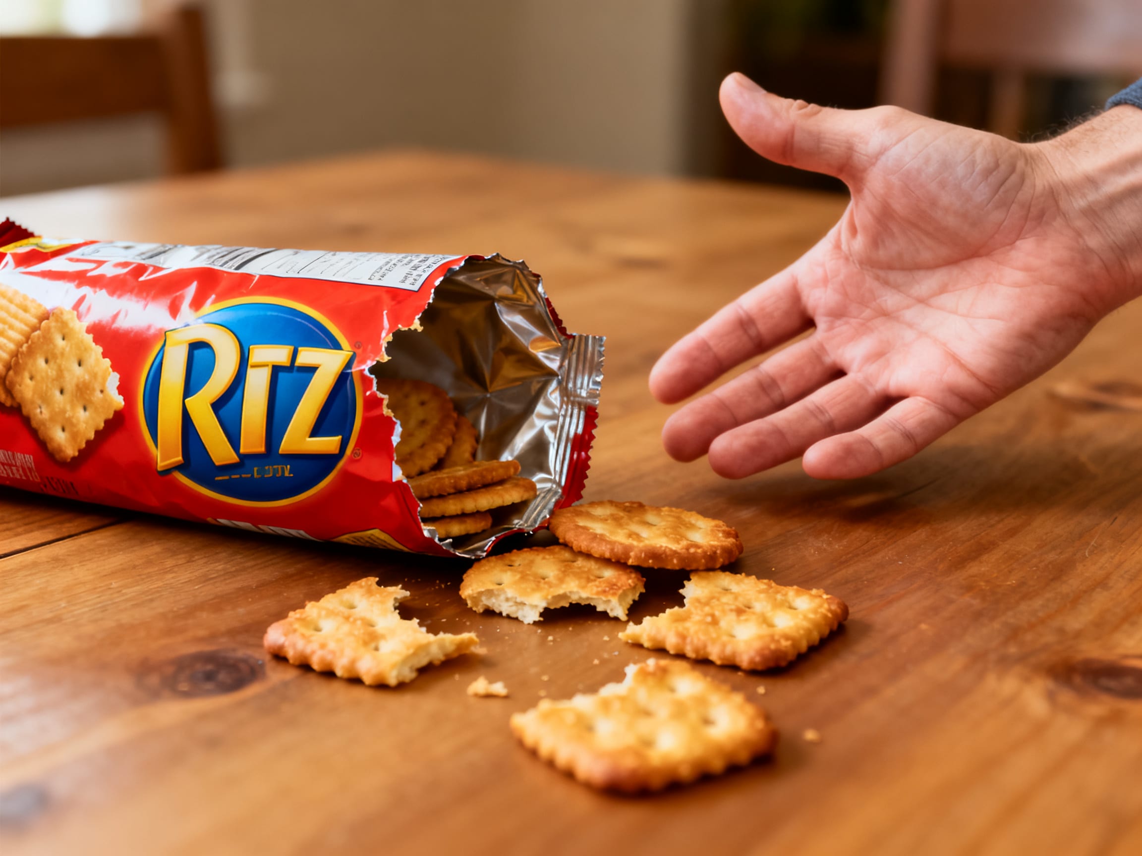 partially eaten sleeve of Ritz crackers with a surprised hand